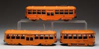 Appraisal: LOT OF THREE KINGSBURY CLOCKWORK TROLLEYS Includes two center entrance