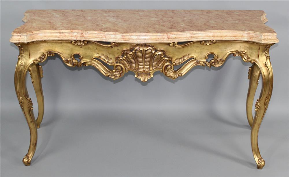 Appraisal: LOUIS XV STYLE FAUX MARBLE TOPPED CONSOLE TABLE shaped rust