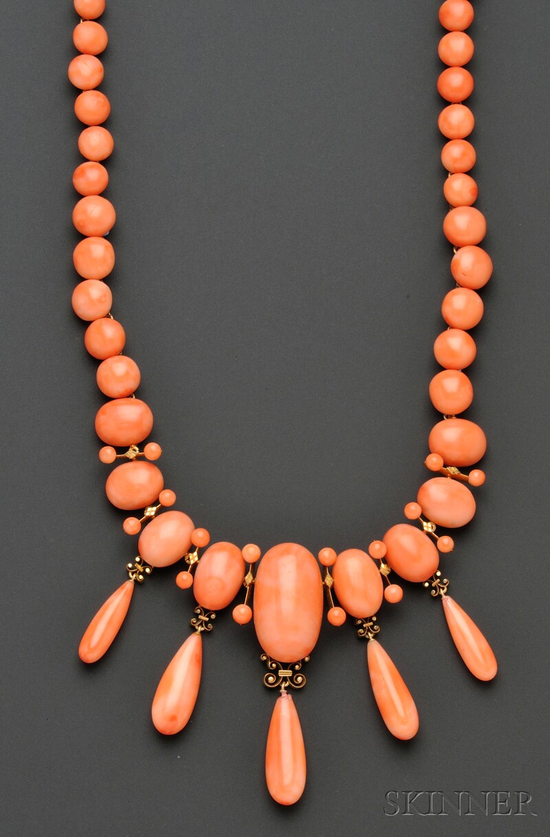 Appraisal: Antique Coral Suite the necklace set with large oval and