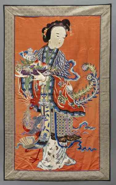 Appraisal: Chinese Qing embroidered paneldepicting Ma Gu Xian Shou ''H x