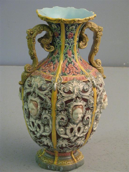 Appraisal: th century Copeland Majolica twin handled vase heavily relief moulded