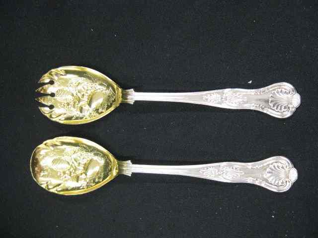 Appraisal: Sheffield Silverplate Salad Serving Set fancy gold fruit decorated bowls