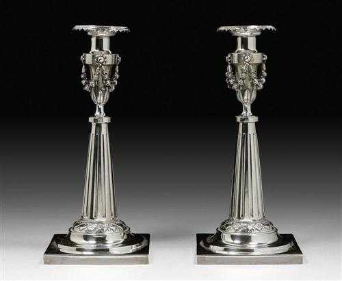 Appraisal: PAIR OF CANDLESTICKS Augsburg Maker's mark Jakob Biller Fluted conical