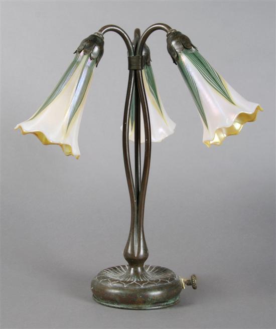 Appraisal: A Tiffany Studios Bronze Three-Light Lily Lamp Height inches