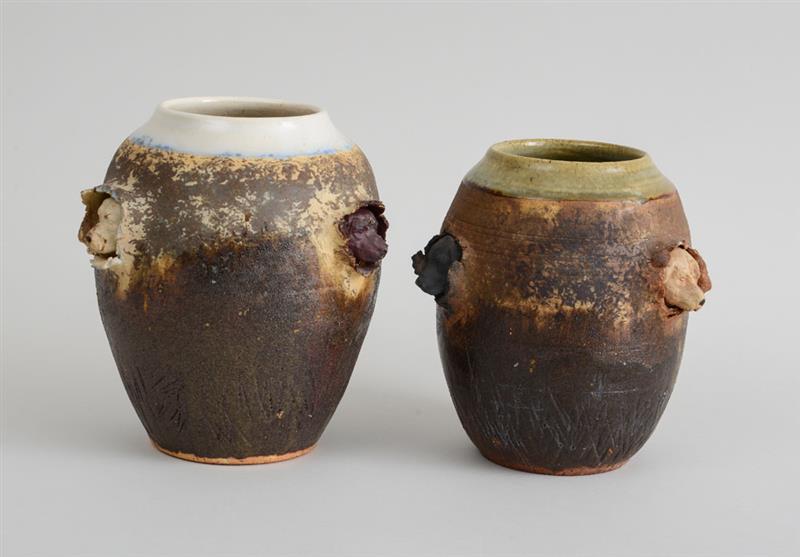 Appraisal: TWO SIMILAR ART POTTERY VASES Each incised 'Rues' and '