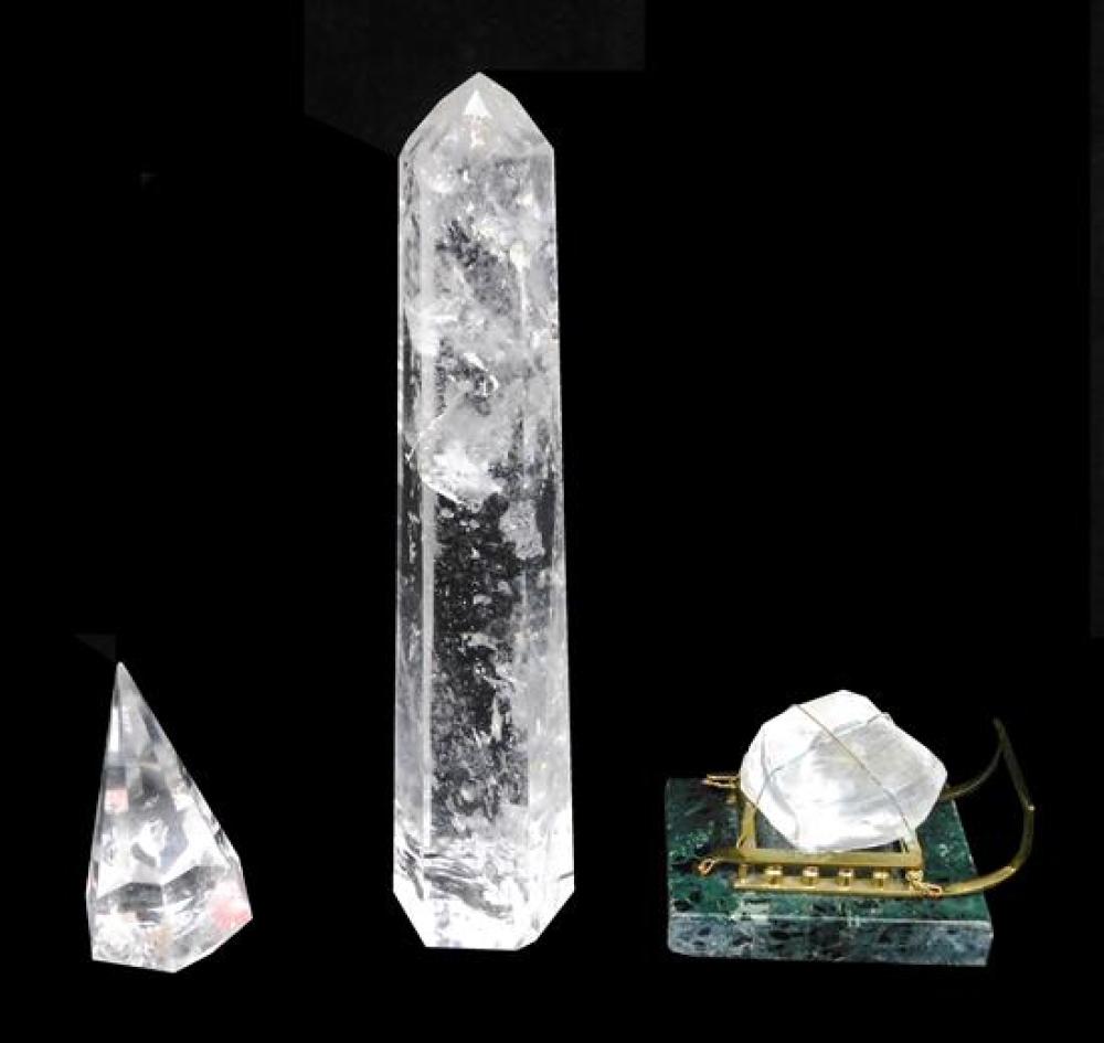 Appraisal: Rock crystal three pieces faceted obelisk unmounted h smaller faceted