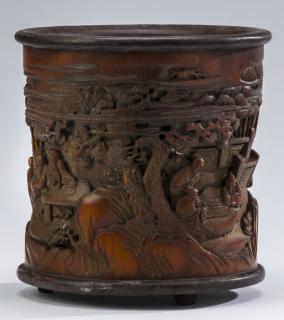 Appraisal: Chinese bamboo and rosewood Seven Sages brush pot Chinese bamboo