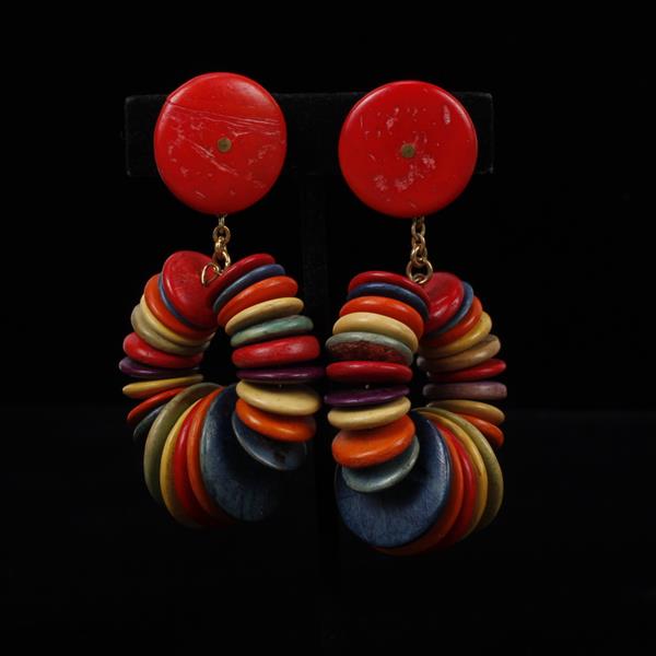 Appraisal: Miriam Haskell Rainbow Beaded Wooden Disc Drop Clip Earrings