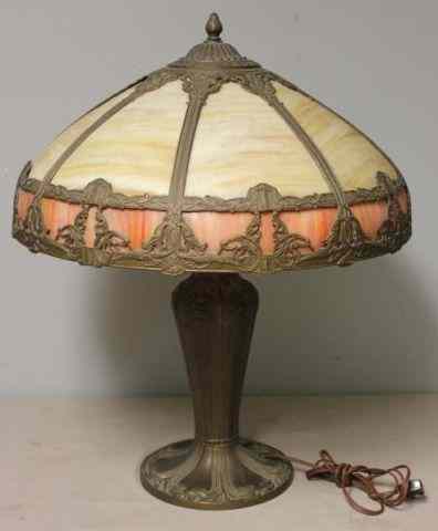 Appraisal: Slag Glass Panel Lamp Caramel and orange pink glass From