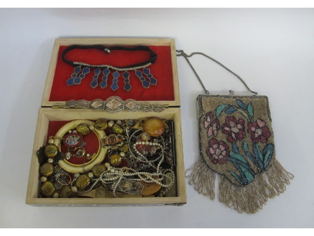 Appraisal: Box of costume jewellery and a beaded bag