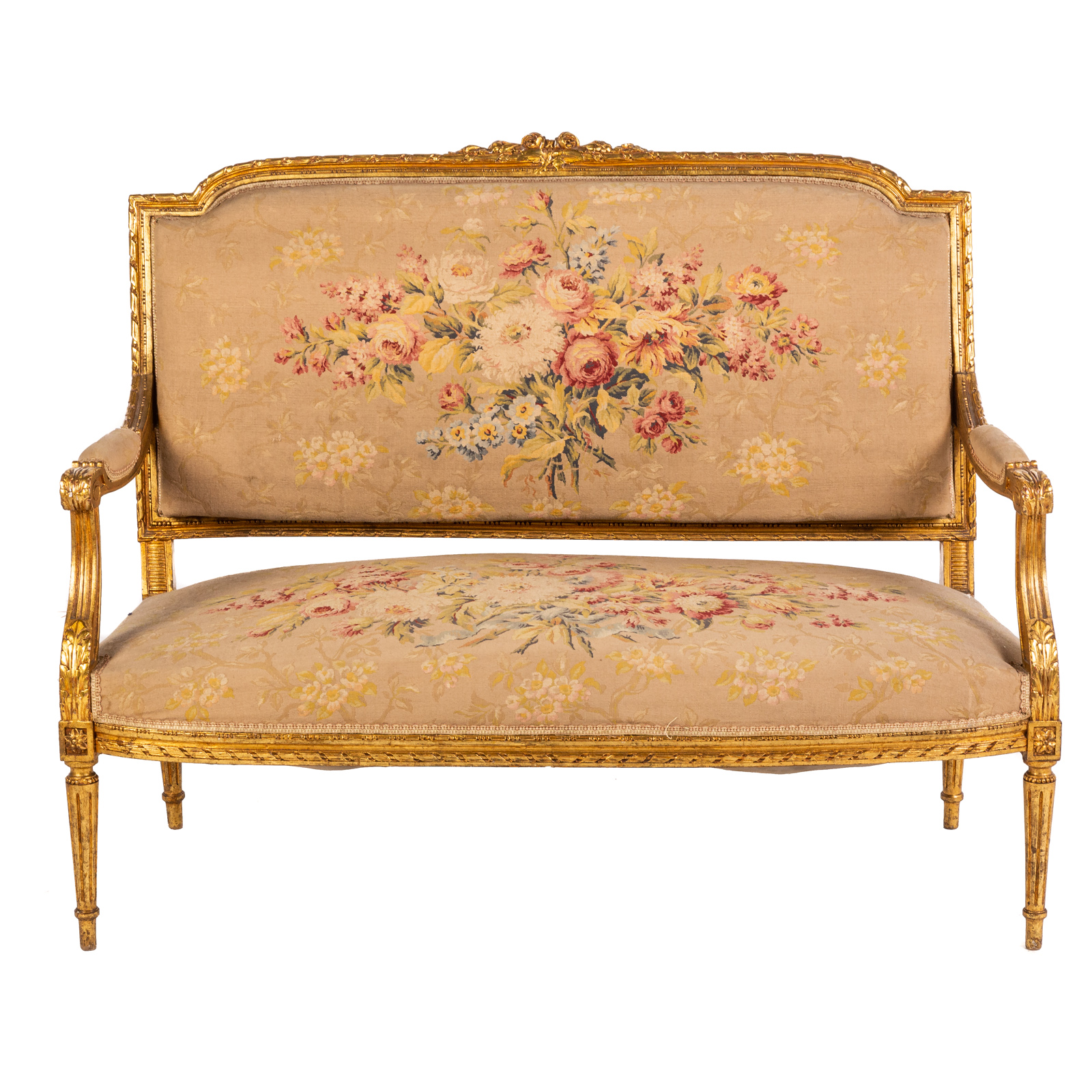 Appraisal: LOUIS XVI STYLE GILTWOOD SETTEE th century with elaborately carved