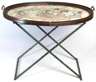 Appraisal: Vintage Jered Holmes Decoupage Tray On Stand The tray of