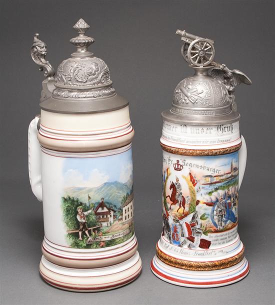 Appraisal: Two German pewter-mounted painted transfer decorated porcelain lithophane steins early