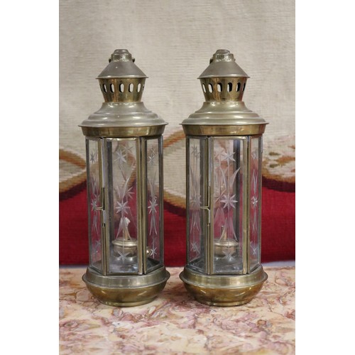 Appraisal: Pair of brass lanterns with cut glass panels each approx