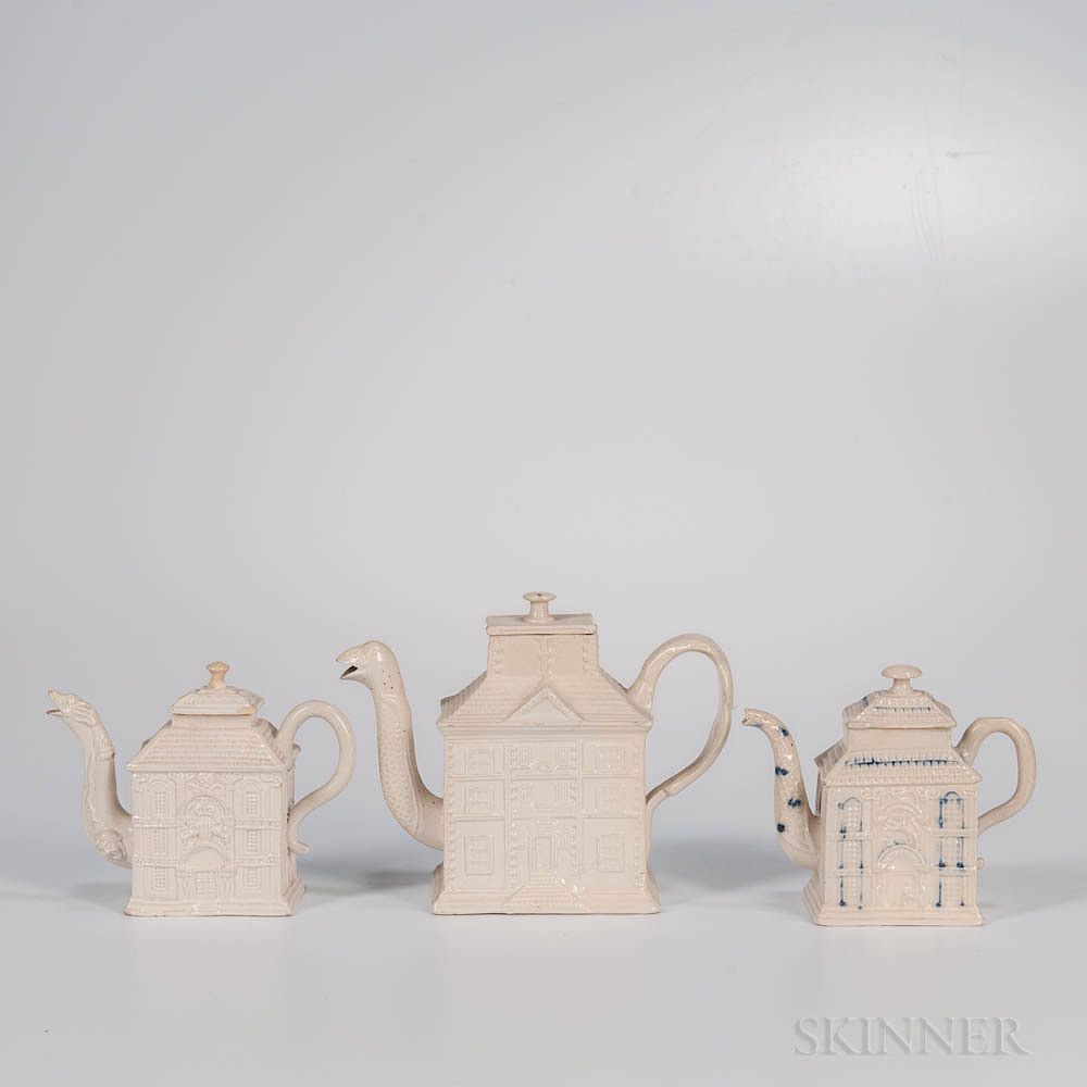 Appraisal: Three Staffordshire White Salt-glazed Stoneware House Teapots and Covers Three