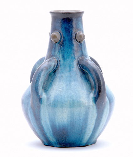 Appraisal: AUGUSTE DELAHERCHE Bulbous vase with four handles and prunts covered