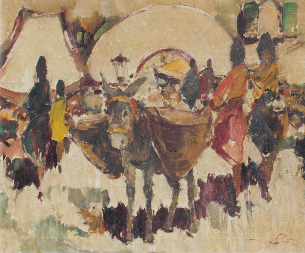 Appraisal: ILLEGIBLY SIGNED ORIENTALIST MARKET SCENE PAINTING Oil Canvas '' x