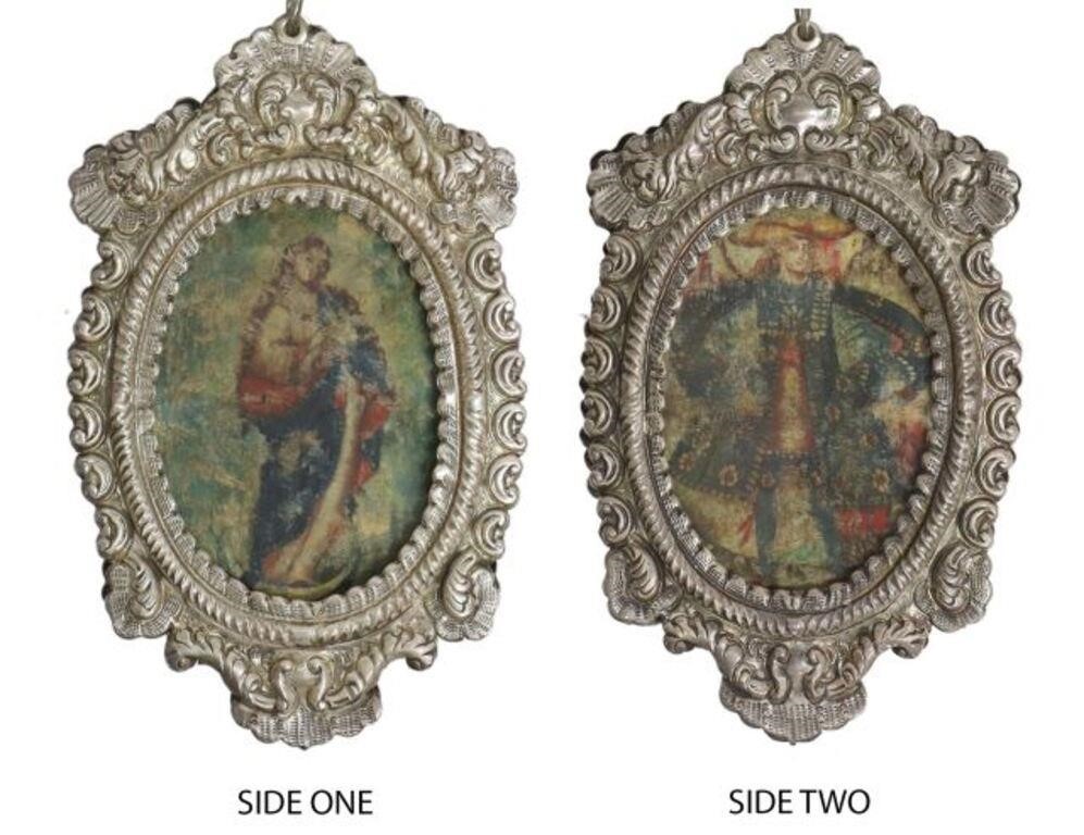 Appraisal: Spanish Colonial style double-sided reliquary pendant silver content unknown frame