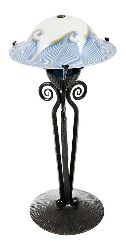 Appraisal: Blue Quezal Art Glass Shade Bronze Table Lamp American th