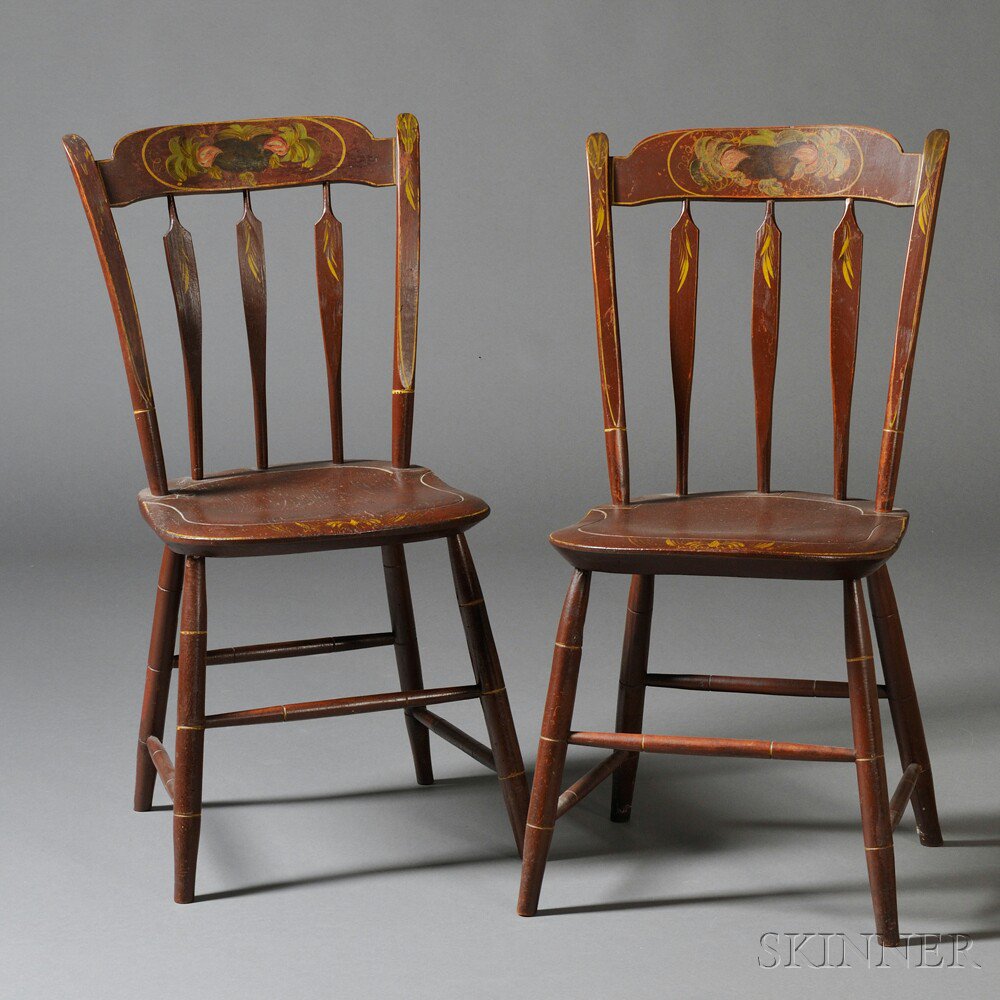 Appraisal: Pair of Paint-decorated Tablet and Arrow-back Windsor Side Chairs New