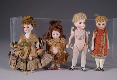 Appraisal: FOUR GLASS-EYED ALL BISQUE DOLLS All are approximately or -