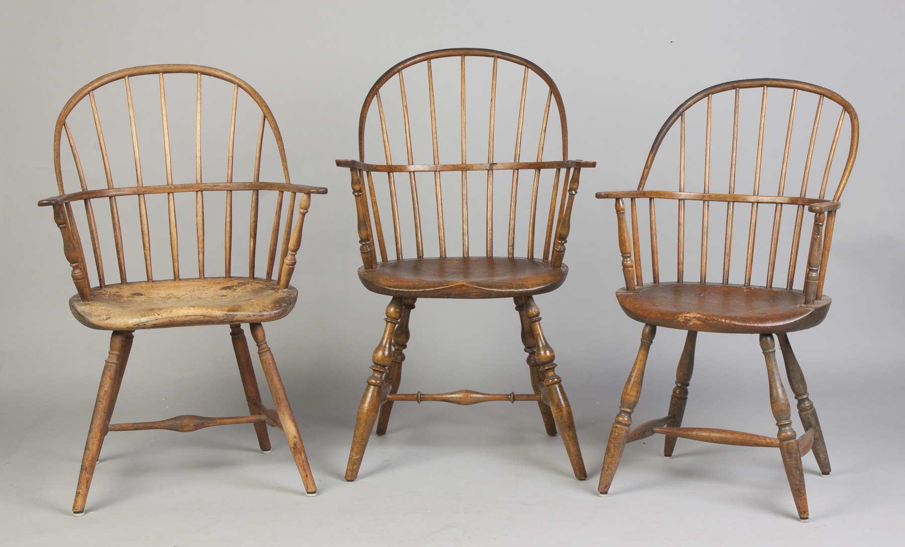 Appraisal: Group of Three New England Sack Back Windsor Chairs Late