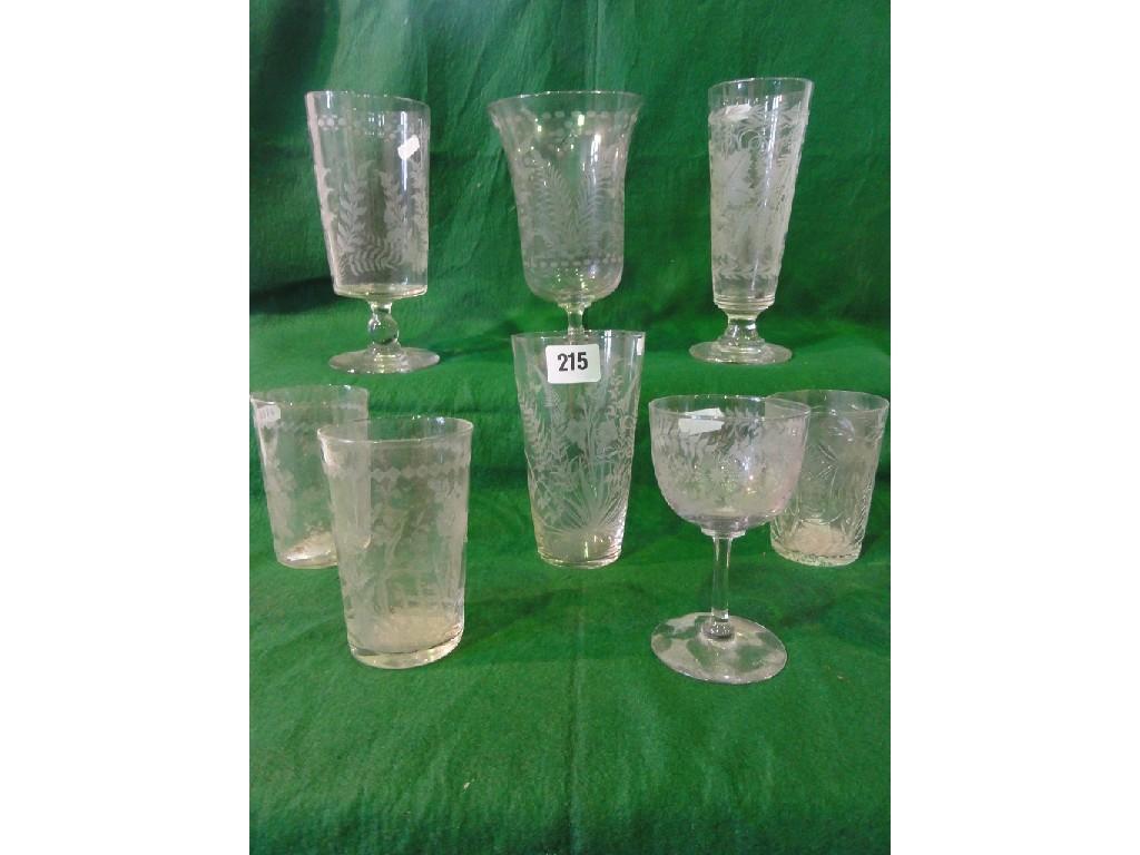 Appraisal: A collection of Victorian etched glassware including three celery vases