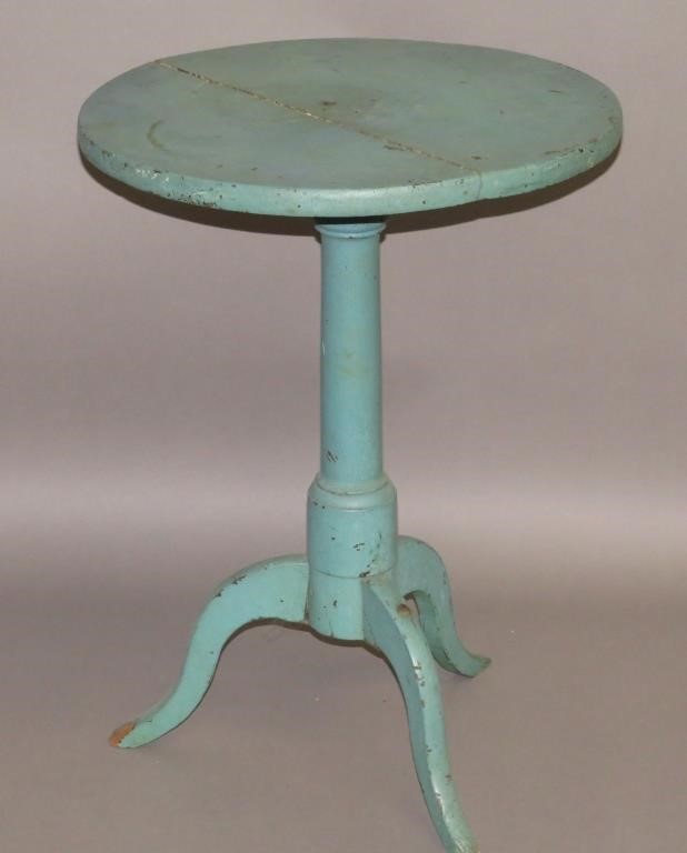 Appraisal: BLUE PAINTED CANDLESTANDca with round top over the straight turned