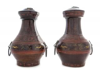 Appraisal: A Pair of Painted Pottery Covered Vases A Pair of