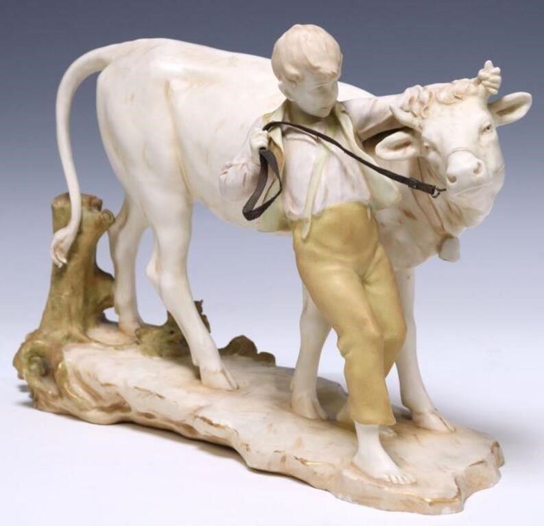 Appraisal: ERNST WAHLISS ROYAL VIENNA PORCELAIN BOY COWAustrian biscuit porcelain figure