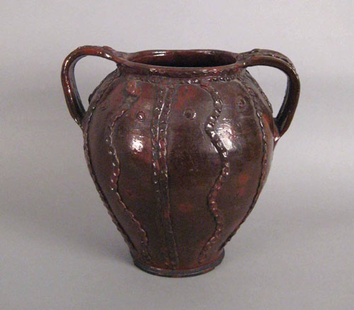 Appraisal: Large redware two handled crock th c with applied vertical