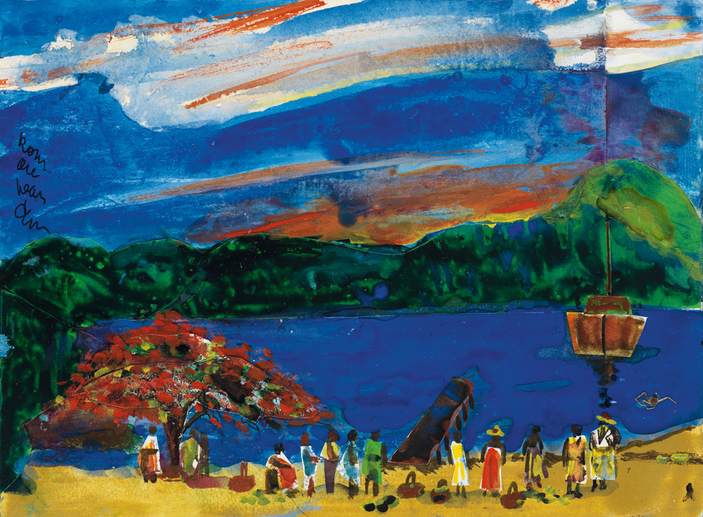 Appraisal: ROMARE BEARDEN - The Evening Boat Collage and watercolor on