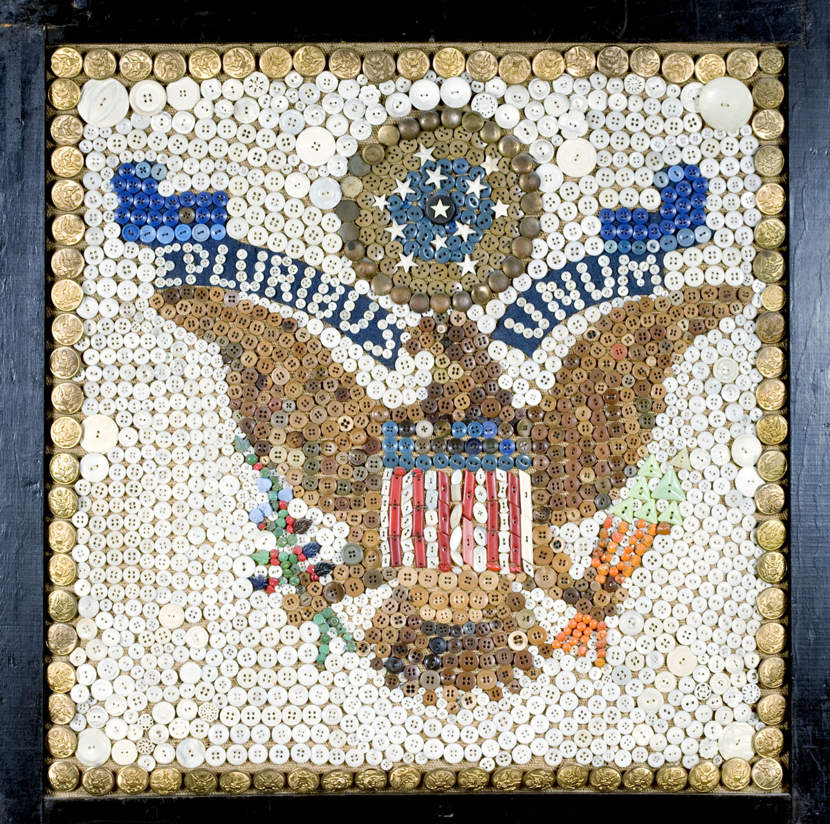 Appraisal: PATRIOTIC BUTTON-WORK AMERICAN CRESTED EAGLE WITH quot E PLURIBUS UNUM