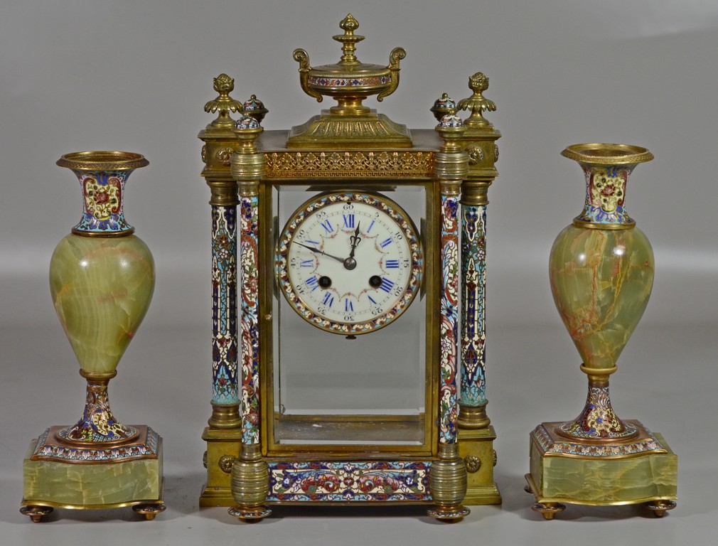 Appraisal: pc French champleve and alabaster crystal regulator clock set signed