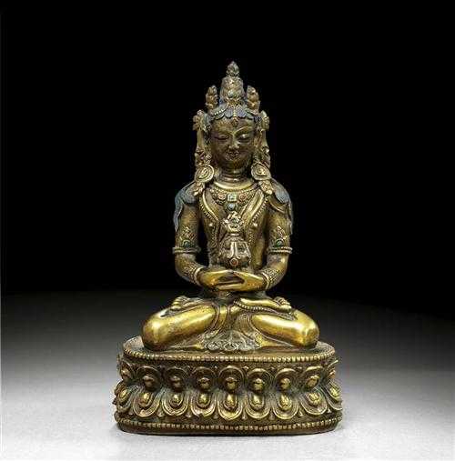 Appraisal: AMITHAYUS Tibet th century H cm Gilt copper alloy with