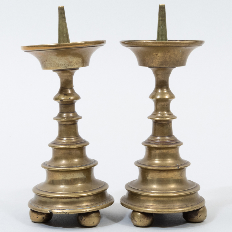 Appraisal: PAIR OF DIMINUTIVE BRASS PRICKET CANDLESTICKS POSSIBLY FLEMISH x in