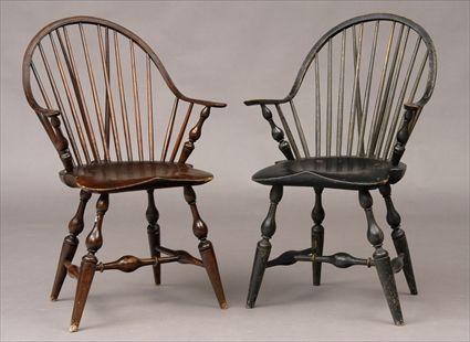 Appraisal: WALTER MACBRIDE TWO BRANDED CONTINUOUS BOW-BACK WINDSOR ARMCHAIRS Each branded