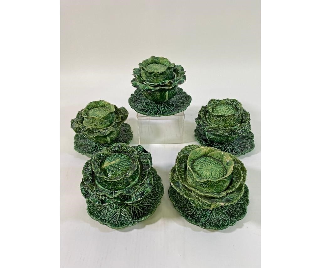 Appraisal: Five Portugese Lettuce Ware majolica soup bowls with lids and