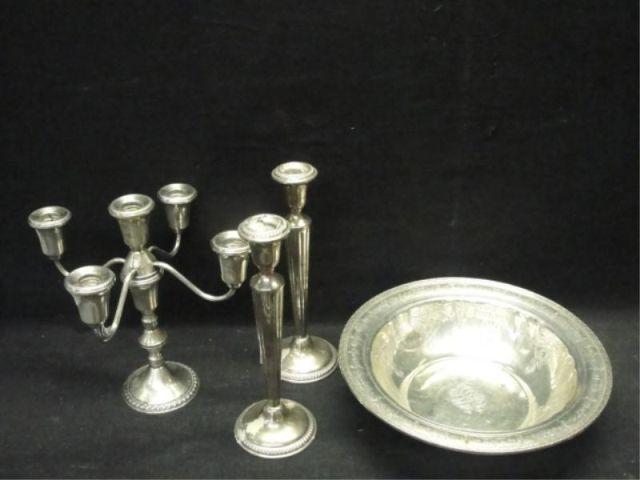 Appraisal: Lot of Sterling Weighted Candlesticks a Deco Chased Bowl From