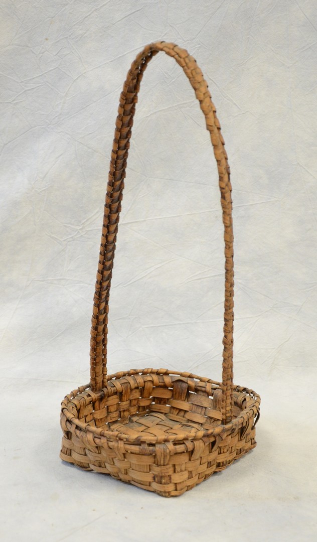 Appraisal: Oak splint herb gathering basket low tray form double woven