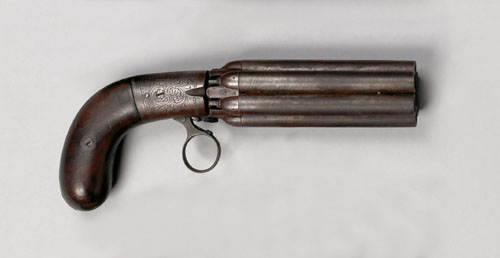 Appraisal: Belgian pepperbox six shot pistol with engraved frame ring trigger