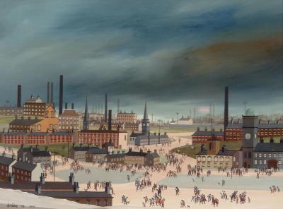 Appraisal: BRIAN SHIELDS BRAAQ - Industrial Town Scene with Figures in