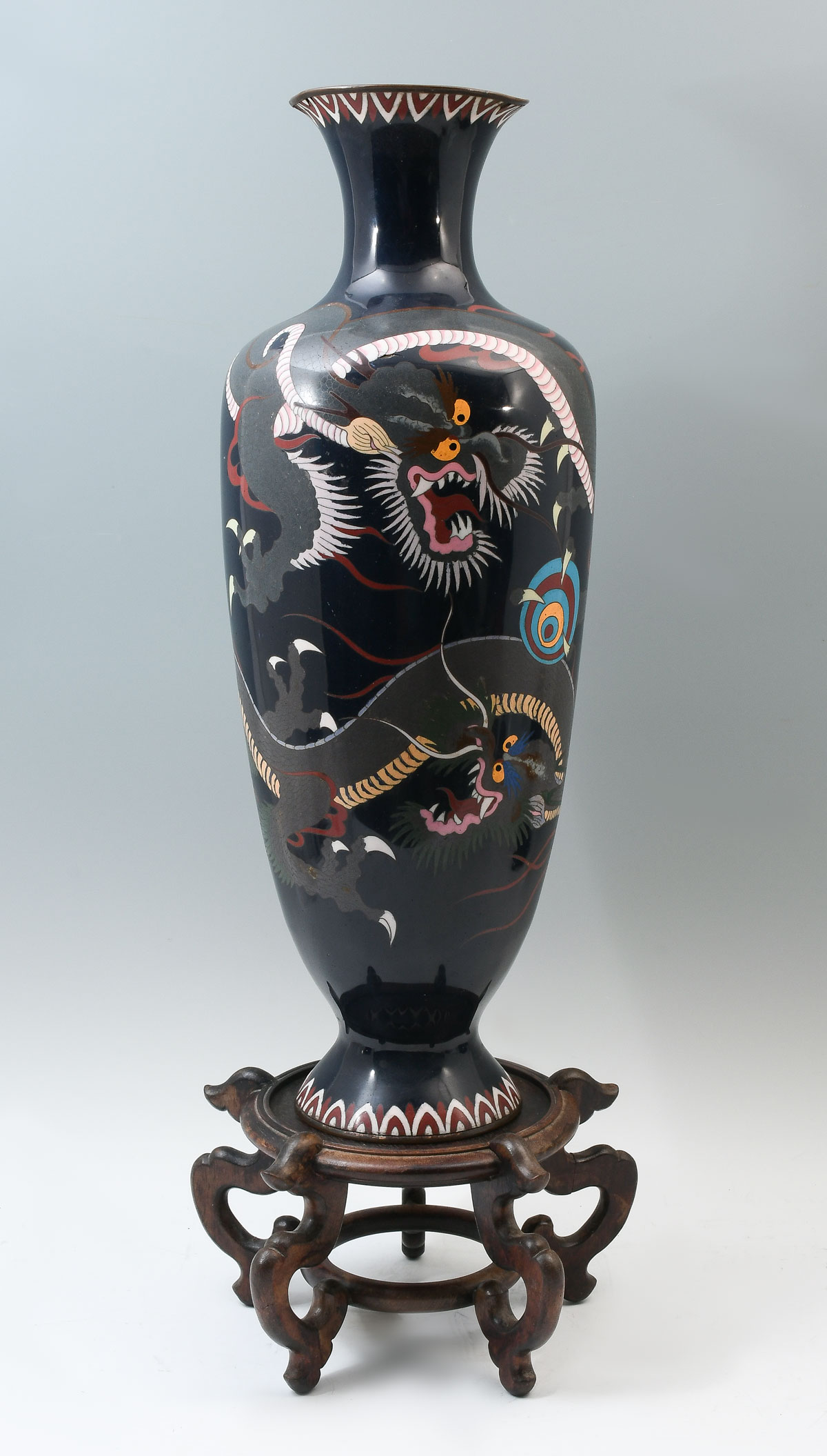 Appraisal: LARGE JAPANESE CLOISONNE DRAGON VASE WITH STAND Dark blue ground