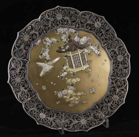 Appraisal: A Japanese shibayama and silver filigree work dish Meiji period