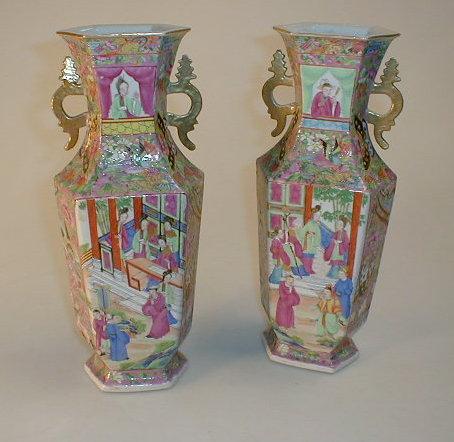 Appraisal: A pair of Canton famille rose two-handed vases of flattened