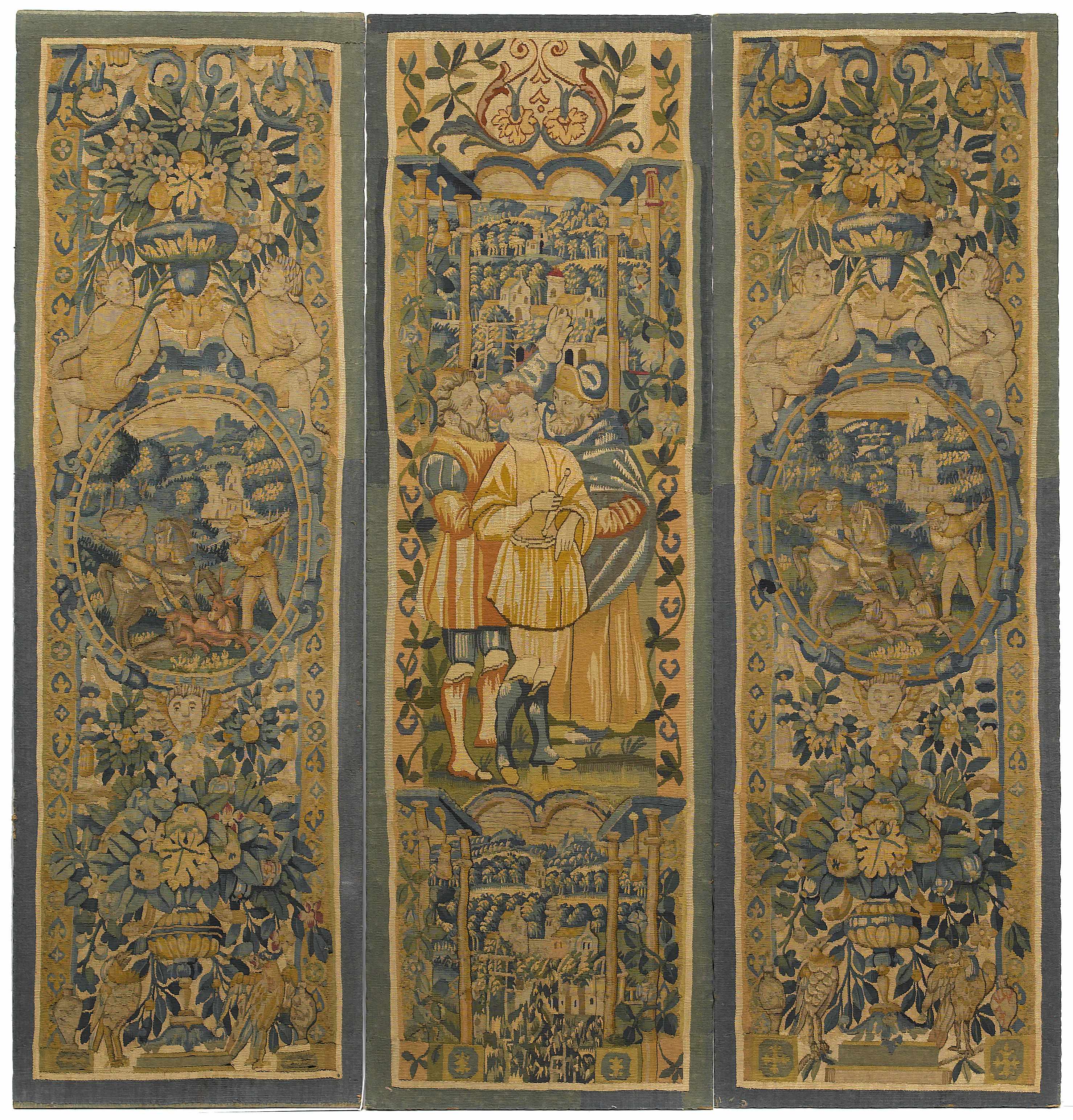 Appraisal: A group of three Flemish Baroque tapestry fragment panels th