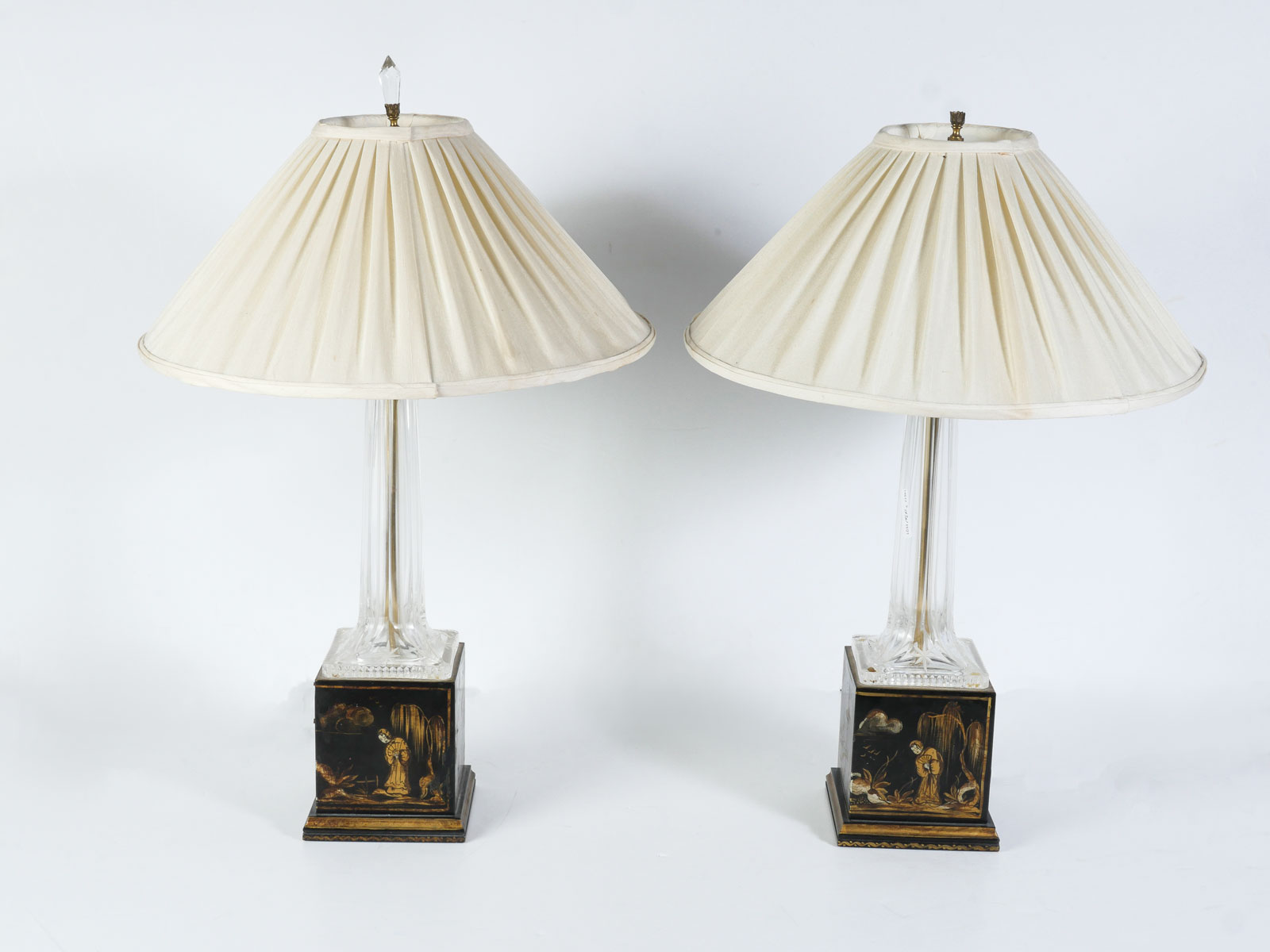 Appraisal: PAIR OF CRYSTAL LAMPS WITH CHINOISERIE BASES Hexagonal crystal bodies