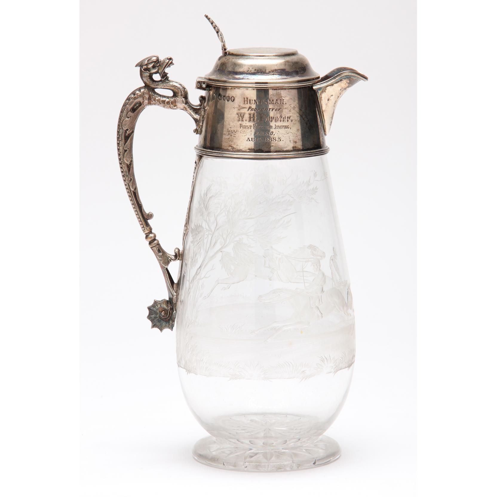 Appraisal: Victorian Antique Claret Jug with Coursing Scene mounted in sterling