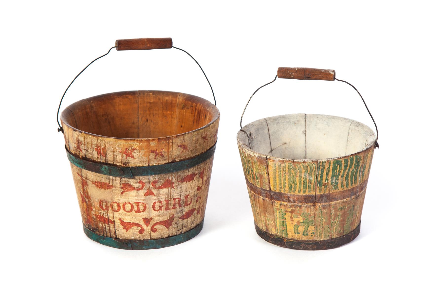 Appraisal: TWO AMERICAN CHILD'S BUCKETS Second half- th century Stave constructed