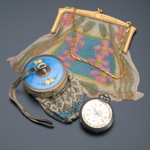 Appraisal: Silver-topped mesh compact and purse and silver pocket watch Compact